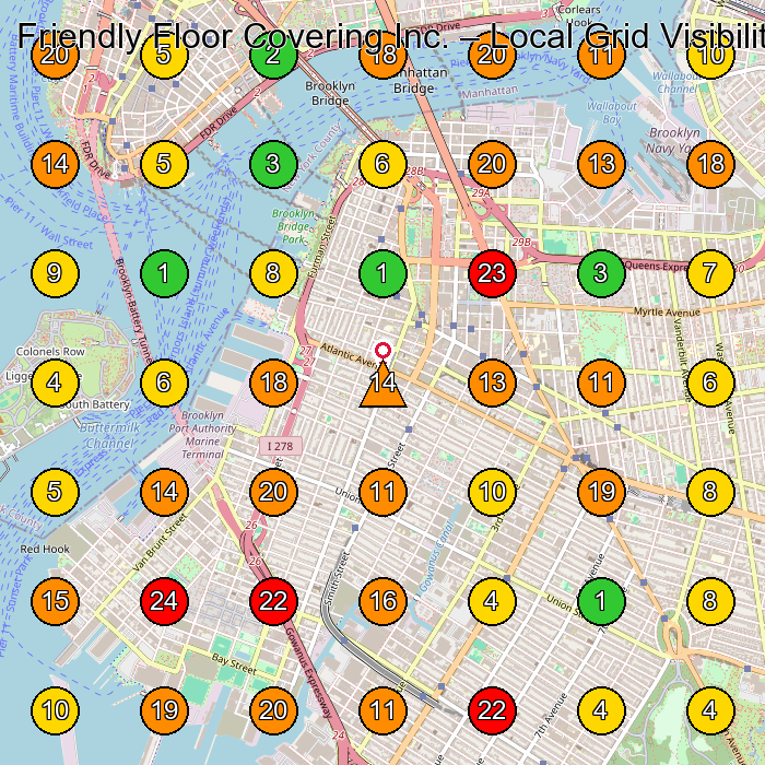 Friendly Floor Covering Inc. Flooring Contractor GeoGrid ranking map for Brooklyn NY